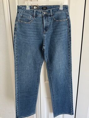 Express Straight Leg Jeans with Gold Stud Side Trim - Blue Denim